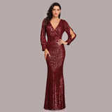 SOLVBAO European and American Foreign Trade Evening Dress Spring/Summer Cross-Border Hot Selling Dress plus Size Long Sleeve V-neck Sequins Fishtail Evening Dress for Women