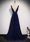 solvbao A-line Simple Navy Blue Long Evening Dress, Navy Blue V-neckline Prom Dress