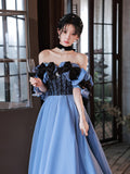 Solvbao Blue Satin Sweetheart with Bow Long Party Dress, Blue A-line Prom Dress Evening Dress