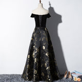 Solvbao Black Off Shoulder Velvet and Floral Long Party Dress, Prom Dress