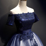 Solvbao Charming Navy blue Gradient Tulle with Lace Applique Party Gown, Short Sleeves Formal Dress