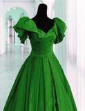 Solvbao Green Satin Long Party Dress Short Sleeves, Green Satin Evening Dress Formal Dress