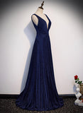 solvbao A-line Simple Navy Blue Long Evening Dress, Navy Blue V-neckline Prom Dress