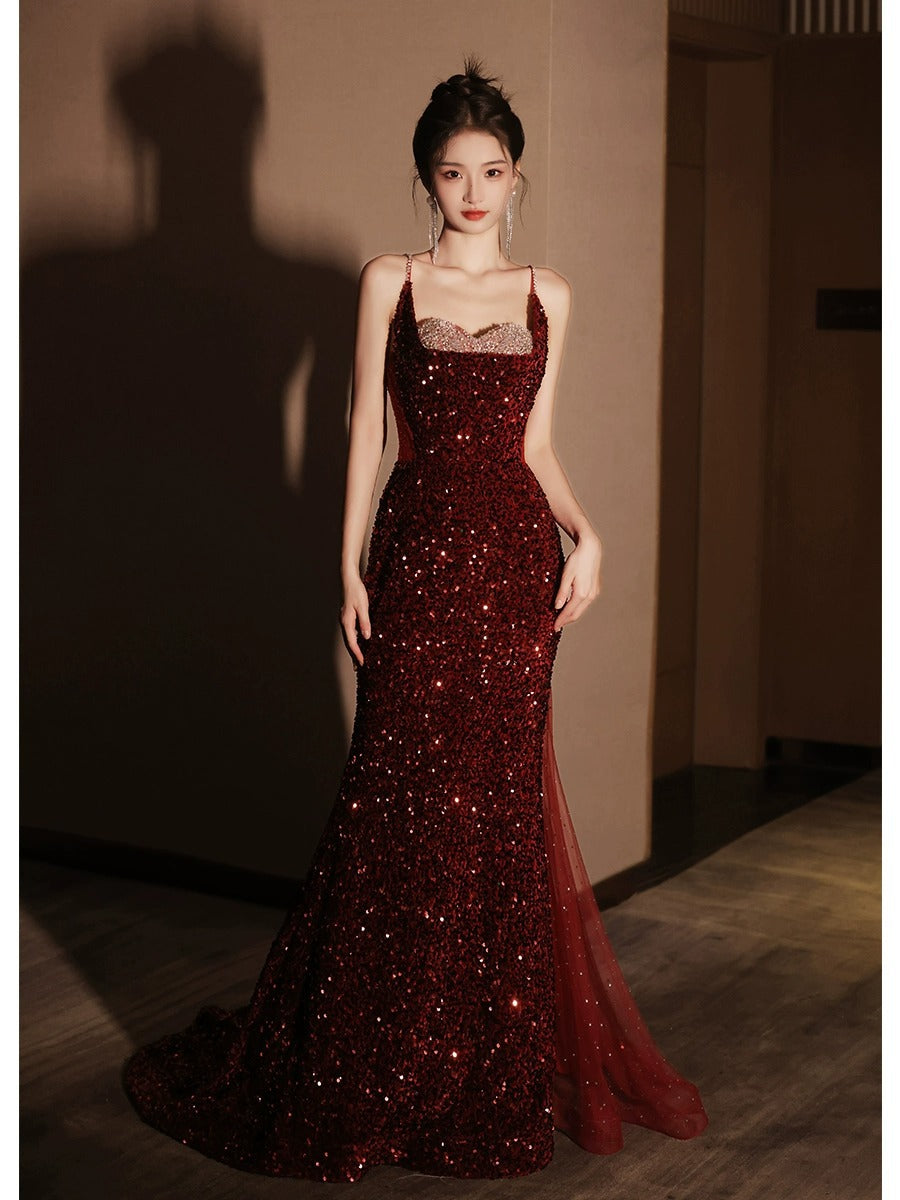 SOLVBAO Wine Red Toast Dress  New Bride Heavy Embroidery Sequins Engagement Dress Banquet Host Fishtail Suspender Dress