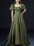 Solvbao Green Satin Long Party Dress with Short Sleeves, Green A-line Low Back Prom Dress