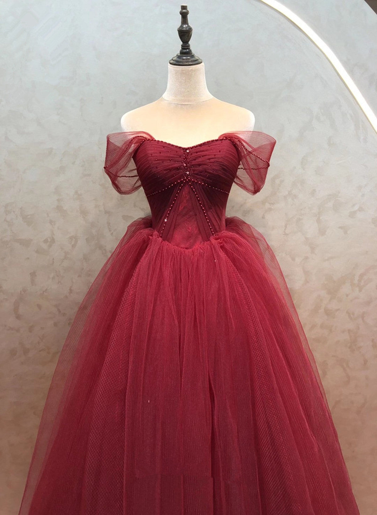 Solvbao Wine Red Sweetheart Beaded Tulle Long Formal Dress, Wine Red Off Shoulder Prom Dress