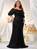 SOLVBAO Hot plus Size Formal Dress Sequin off Shoulder Short Sleeve Prom Party Dress Fishtail Dress-Fmgw462