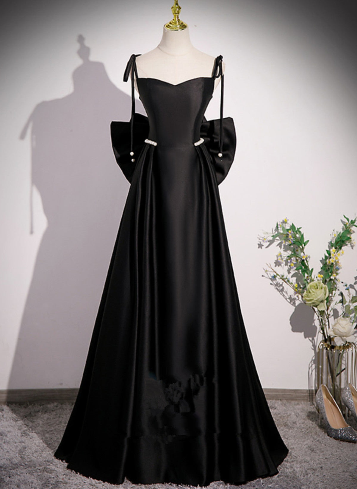 solvbao Black Satin A-line Floor Length Prom Dress, Black Satin Long Evening Dress