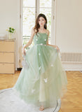 Solvbao Light Green Tulle Straps Long Party Dress, A-line Light Green Prom Dress