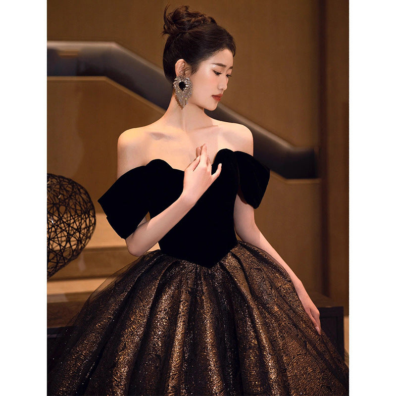 Princess Escape Evening Dress French off-Shoulder Temperament Entry Lux High Sense Art Exam Banquet Host Performance Clothes Annual Meeting