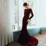 Solvbao Burgundy Velvet Long Sleeves Mermaid Party Dress, Long Prom Dress