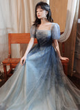 Solvbao Blue Short Sleeves Gradient Tulle Long Party Dress, Blue Long Formal Dress Evening Dress