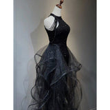 solvbao Black Halter Shiny Tulle Long Party Dress with Beadings, Black Tulle Prom Dress