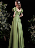 Solvbao Green Satin Short Sleeves Scoop Neckline Prom Dress, Green Long Formal Dress