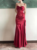 solvbao Burgundy Satin Sweetheart Straps Prom Dress, Burgundy Long Evening Dress