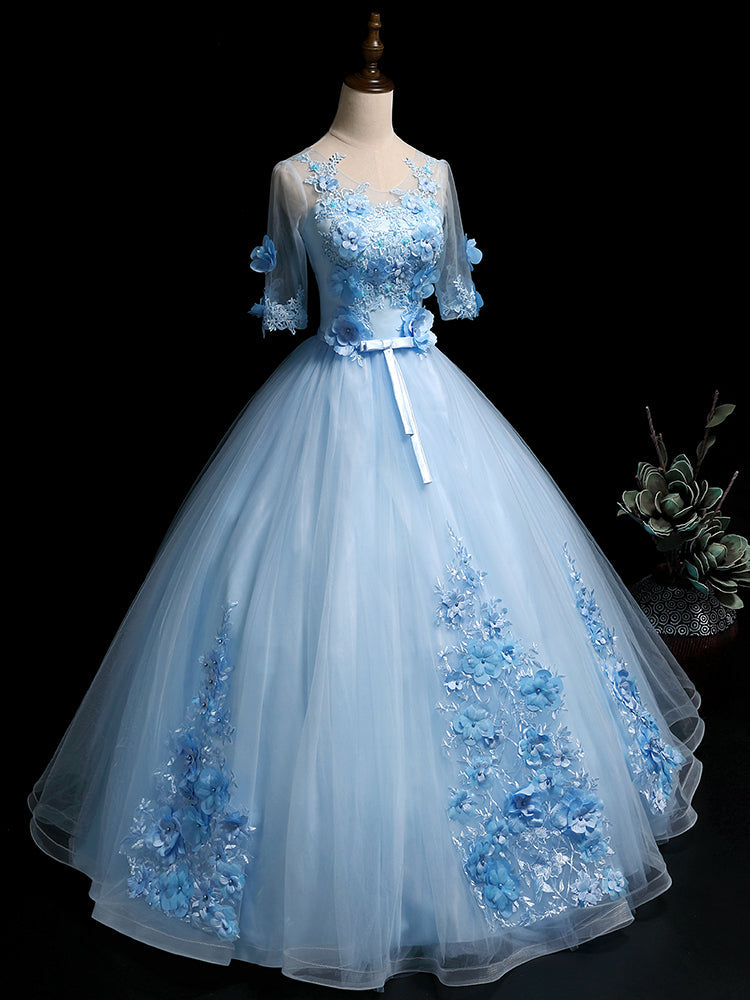 Solvbao Light Blue Ball Gown with Sleeves Party Dress, Blue Sweet 16 Dress