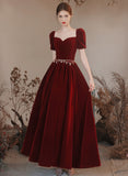 Solvbao Wine Red Velvet Long A-line Party Dress, Wine Red Evening Dress Prom Dress