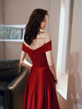 Solvbao Wine Red Satin Off Shoulder Long Prom Dress with Leg Slit, Wine Red Evening Dress