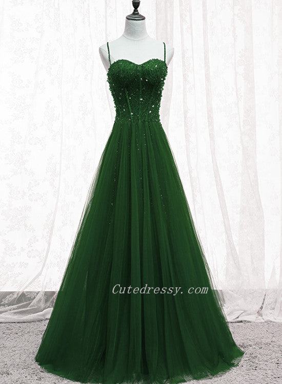 solvbao Green Beaded Tulle Sweetheart Tulle A-line Prom Dreess, Green Formal Dress Long Evening Dress