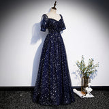 Solvbao Navy Blue Short Sleeves Sweetheart Long Party Dress, A-line Blue Evening Gown