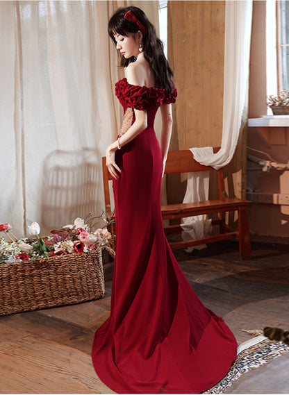 Solvbao Wine Red Off Shoulder Beaded Mermaid Long Formal Dress, Wine Red Long Prom Dress