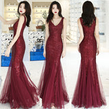 solvbao Wine Red Sequins with Tulle Mermaid Party Gown, Burgundy Prom Dress