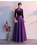 Solvbao Dark Purple Satin Long Sleeves Beaded Velvet Bridesmaid Dress, Purple Formal Dress