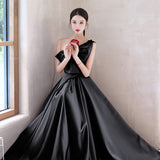 SOLVBAO Evening Dress Socialite Style Satin One-Shoulder Bow Black Host Adult Ceremony Birthday Banquet Bride Toast Dress