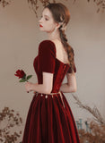 Solvbao Wine Red Velvet Long A-line Party Dress, Wine Red Evening Dress Prom Dress