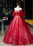 Solvbao Red Off Shoulder Tulle Long Formal Dress, Red Sweetheart Ball Gown Sweet 16 Dress