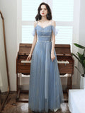 solvbao Blue Tulle A-line Party Dress with Beadings, Blue Long Prom Dress