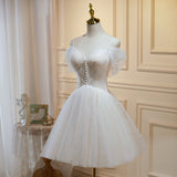 Solvbao Lovely Off Shoulder Knee Length Prom Dress, Ivory Homecoming Dresses