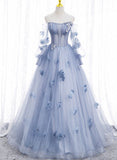 Solvbao Light Blue Tulle Long Sleeves with Flowers, Blue Junior Prom Dresses