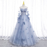 Solvbao Light Blue Tulle Long Sleeves with Flowers, Blue Junior Prom Dresses