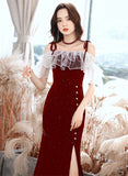 Solvbao Wine Red Velvet Strapes Long Party Dress with Leg Slit, Wine Red Prom Dress