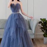 Solvbao Blue Tulle Long Formal Gown Party Dresses, Blue A-line Beaded Evening Dress