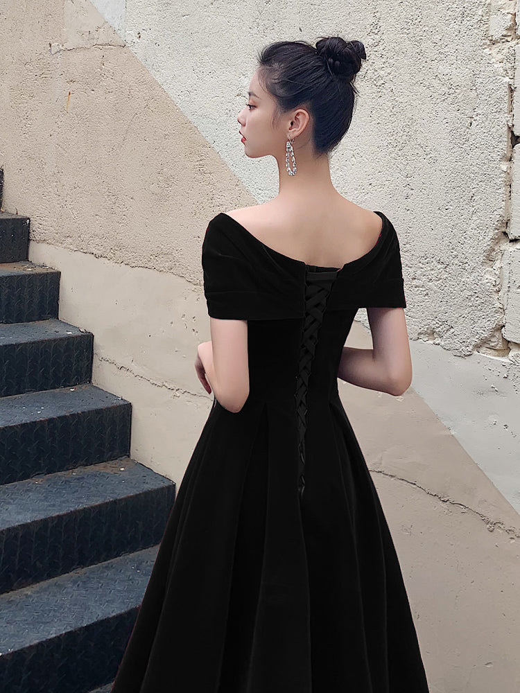 Solvbao Black Velvet Elegant Lace-up Prom Dress, Black Off Shoulder Prom Dress