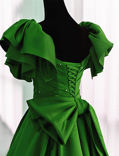 Solvbao Green Satin Long Party Dress Short Sleeves, Green Satin Evening Dress Formal Dress