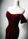 Solvbao Wine Red Velvet Mermaid Off Shoulder Bridesmaid Dress, Wine Red Long Prom Dress