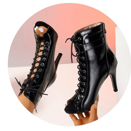 Women's High Heel Stiletto Peep-Toe Belt Buckle Lace-up Bright Black Dance Knight Boots Leather Boots