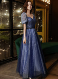 solvbao A-line Navy Blue Tulle Long Party Dress, Navy Blue Sweetheart Prom Dress