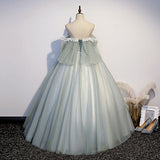 Solvbao Light Green Tulle Long Party Dress Sweet 16 Dresses, Off Shoulder Prom Dresses