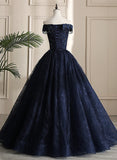 solvbao Navy Blue Sweetheart with Lace Applique Sweet 16 Dress, Blue Long Formal Dress