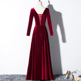 Solvbao Beautiful Wine Red Velvet Long Sleeves Party Dress, Long Prom Dress