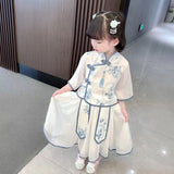 SOLVBAO Girl's Ancient Style Han Chinese Clothing Suit Chinese Style Summer Little Girl's Ancient Costume Children's Blue and White Porcelain Tang Suit Performance Wear