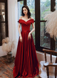 Solvbao Wine Red Satin Off Shoulder Long Prom Dress with Leg Slit, Wine Red Evening Dress