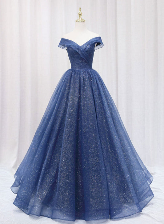 Solvbao Blue Off Shoulder Sweetheart Long Party Dress, A-line Blue Formal Dress