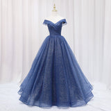 Solvbao Blue Off Shoulder Long Party Dress Evening Gown, Blue Junior Prom Dress