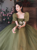 Solvbao Green Puffy Short Sleeves Tulle Prom Party Dress, Green Evening Dresses