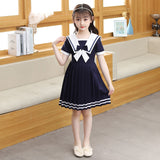 SOLVBAO Girls' Short Sleeve Dress Summer Dress Western Style Children Princess Dress Lolita JK Internet Celebrity Navy Style Little Girl Skirt